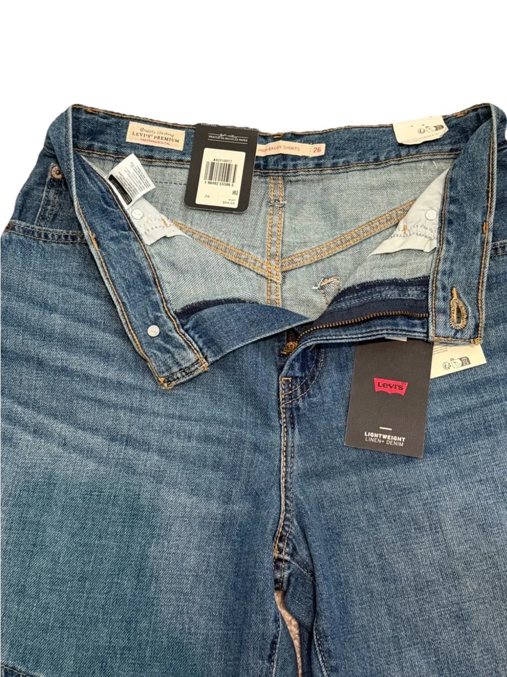 Levi's High Rise Baggy Denim Shorts Women's 26 Blue Cotton Linen Relaxed Fit
